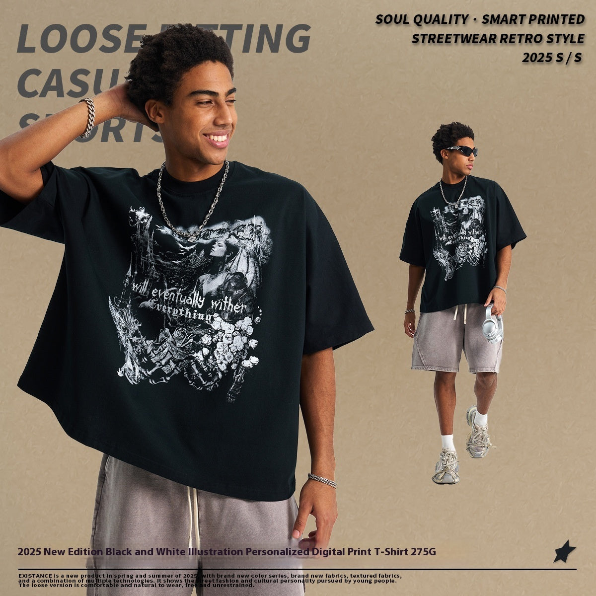 Male Black And White Illustration Personalized Printed T-shirt