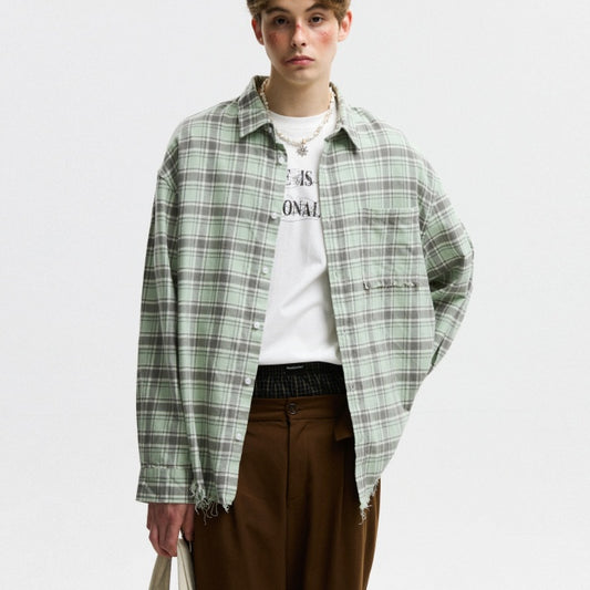 Unisex Autumn American-style Plaid Shirt With Raw Edges