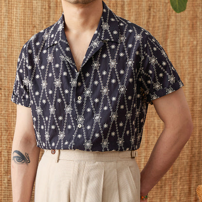 Holiday Pure Cotton Embroidery Cuban Collar Loose Shirt