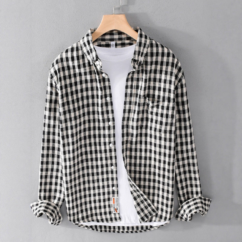 Springautumn Japanese-style Mens Plaid Shirt With Long Sleevescasual And Versatile