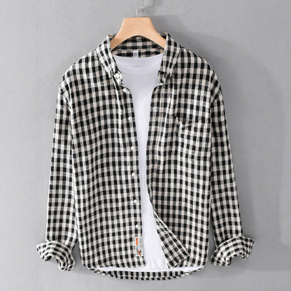 Springautumn Japanese-style Mens Plaid Shirt With Long Sleevescasual And Versatile