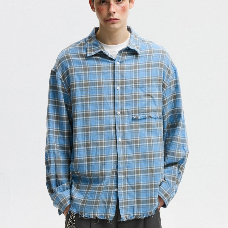 Unisex Autumn American-style Plaid Shirt With Raw Edges