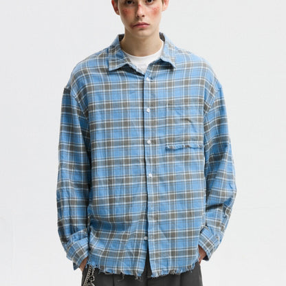 Unisex Autumn American-style Plaid Shirt With Raw Edges
