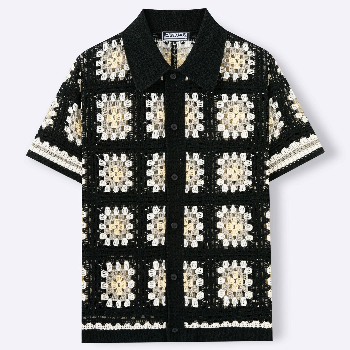 Mens Short-Sleeve Contrasting Color Crochet Hollow-Out Knit Sweater