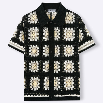 Mens Short-Sleeve Contrasting Color Crochet Hollow-Out Knit Sweater