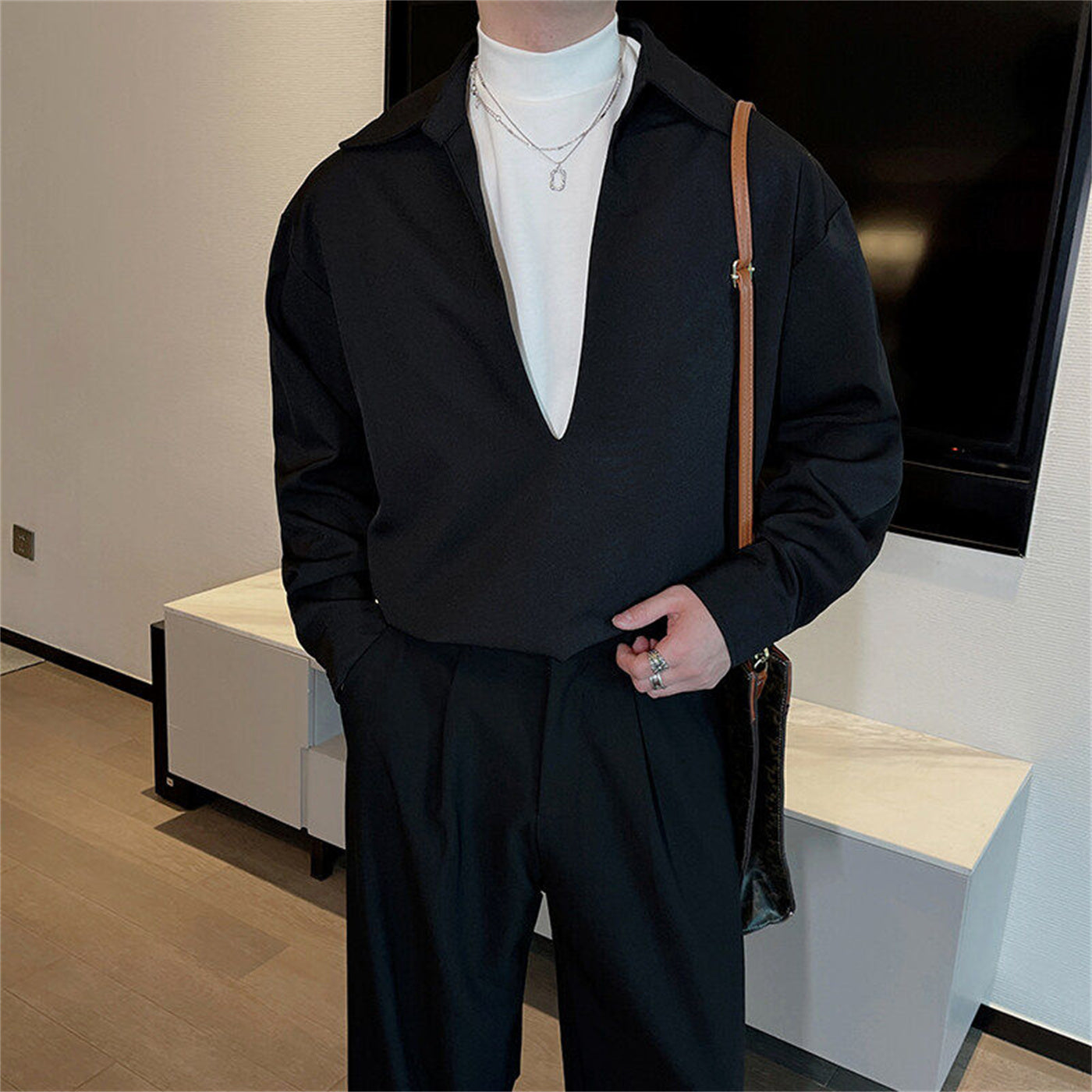 Handsome Man With Deep V-neck And Long Sleeve Shirt