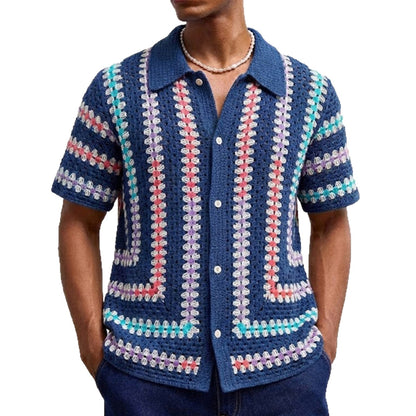 Mens Hollow-Out Cardigan Short-Sleeve Lapel Water-Soluble Knit Top
