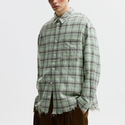 Unisex Autumn American-style Plaid Shirt With Raw Edges