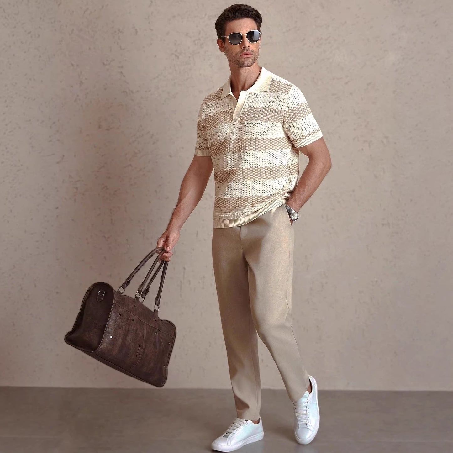 Mens Striped Knitted Short-Sleeve Polo Shirt