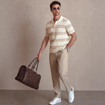 Mens Striped Knitted Short-Sleeve Polo Shirt