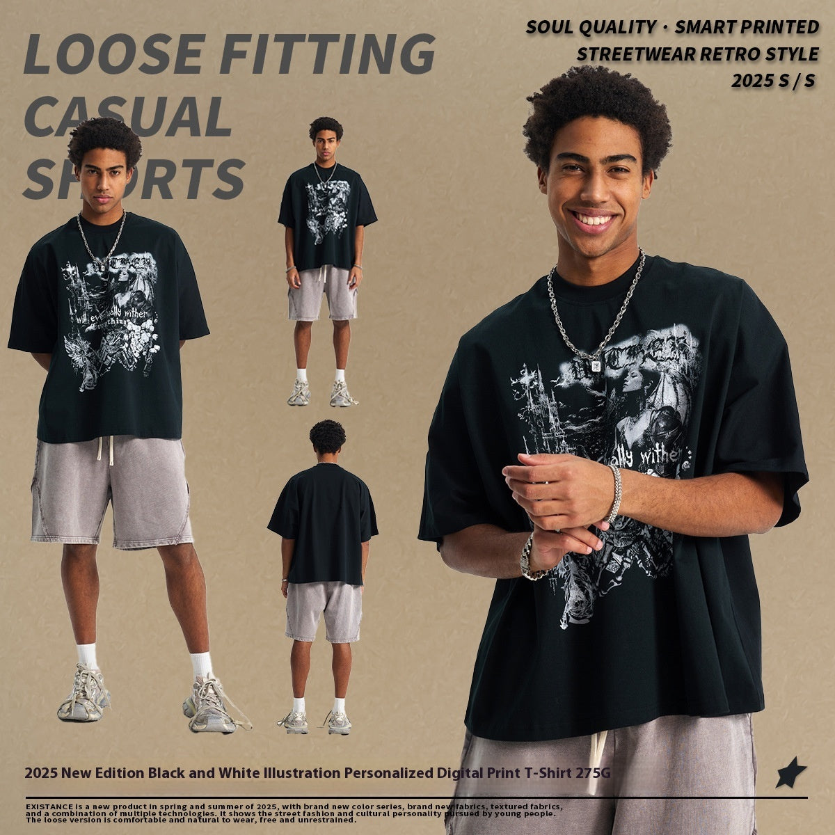 Male Black And White Illustration Personalized Printed T-shirt