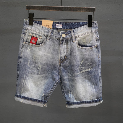 Retro Ripped Denim Mens Trendy Cropped Pants With Fuzzy Hems