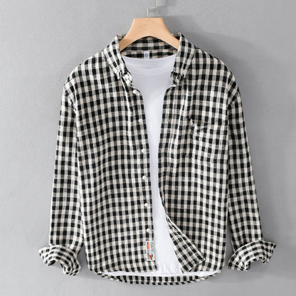 Springautumn Japanese-style Mens Plaid Shirt With Long Sleevescasual And Versatile