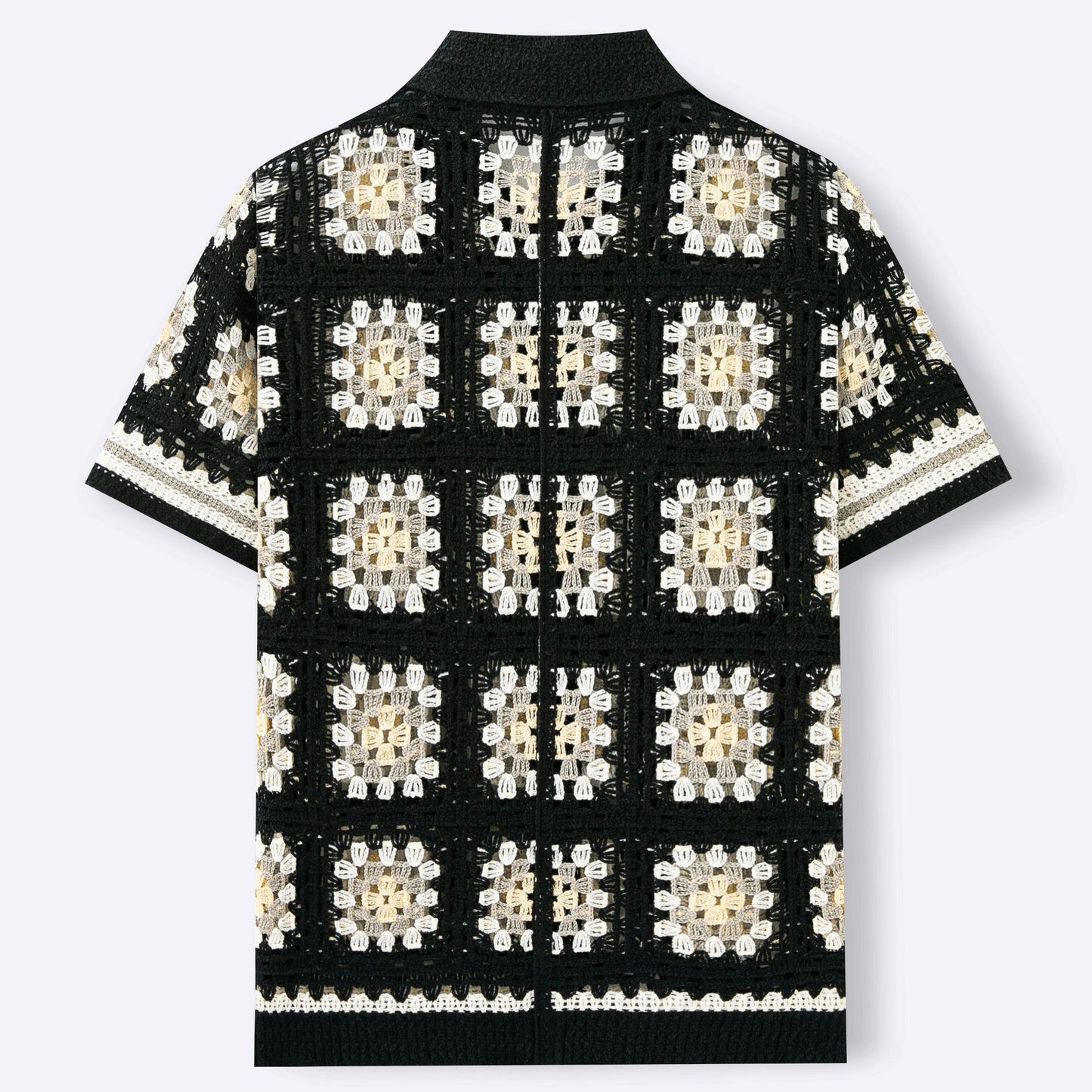 Mens Short-Sleeve Contrasting Color Crochet Hollow-Out Knit Sweater