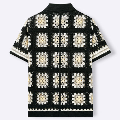 Mens Short-Sleeve Contrasting Color Crochet Hollow-Out Knit Sweater