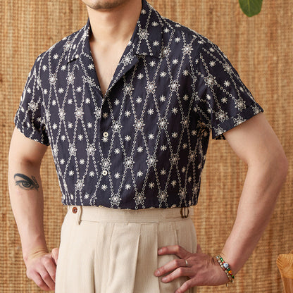 Holiday Pure Cotton Embroidery Cuban Collar Loose Shirt