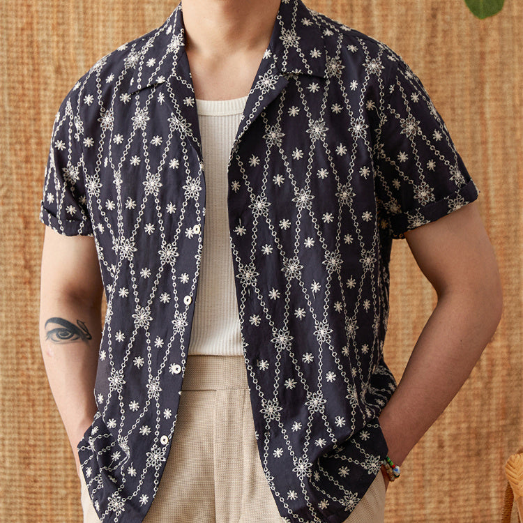 Holiday Pure Cotton Embroidery Cuban Collar Loose Shirt