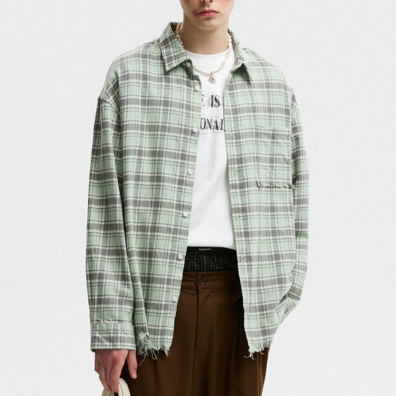 Unisex Autumn American-style Plaid Shirt With Raw Edges