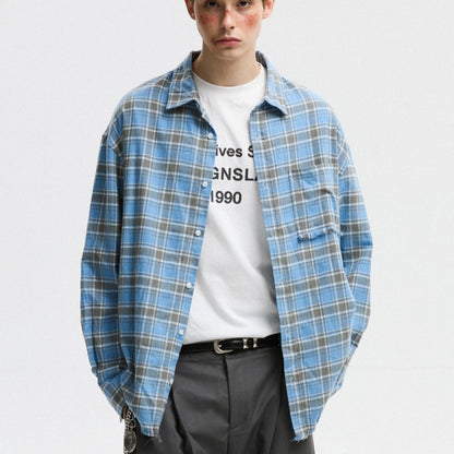 Unisex Autumn American-style Plaid Shirt With Raw Edges