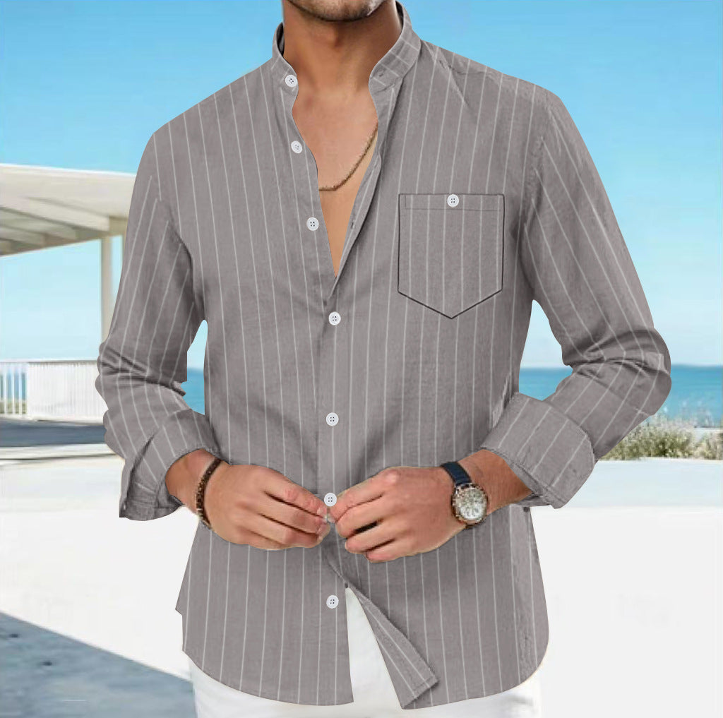Men's Linen Fashion Shirt Striped Stand-up Collar Loose-fitting Breathable Casual