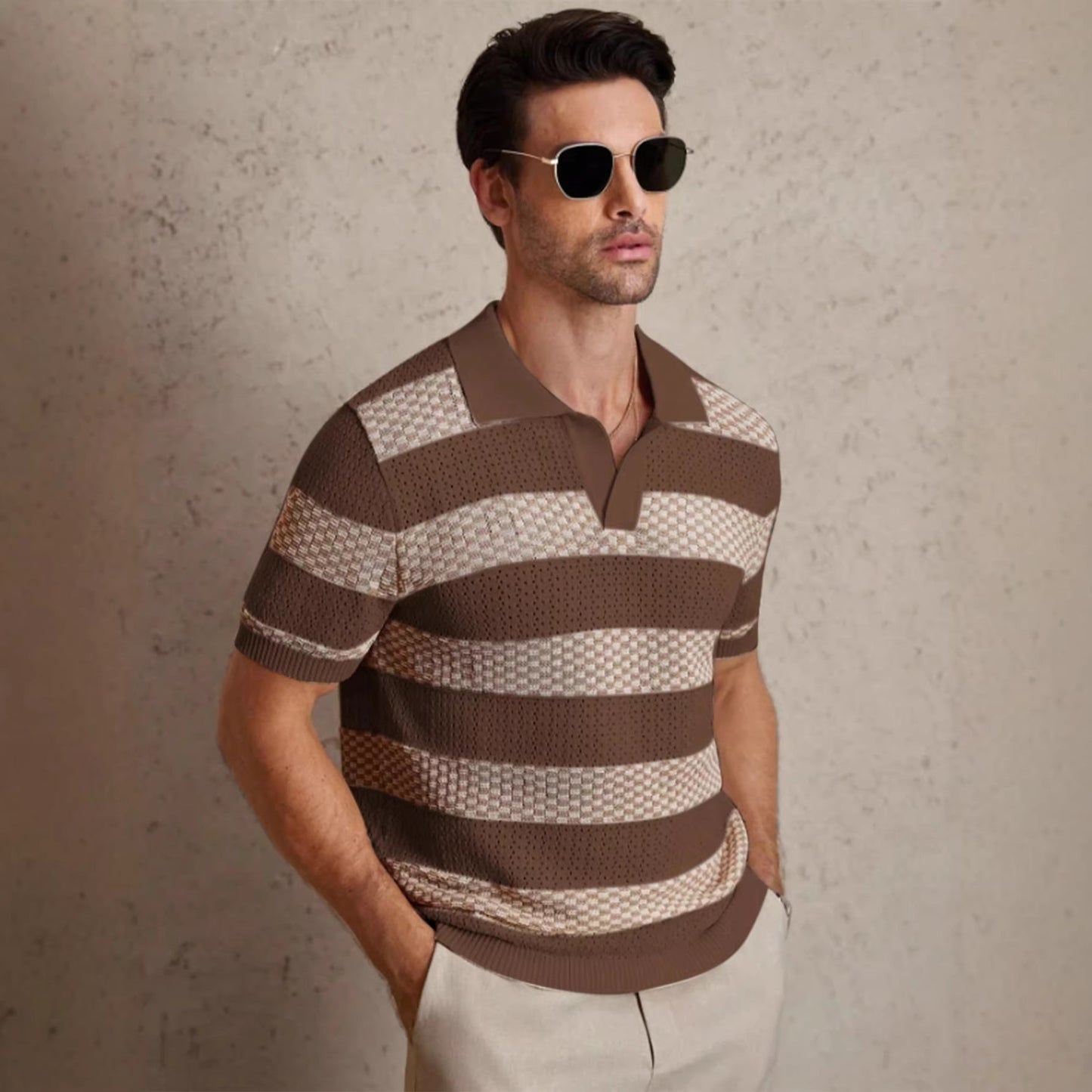Mens Striped Knitted Short-Sleeve Polo Shirt