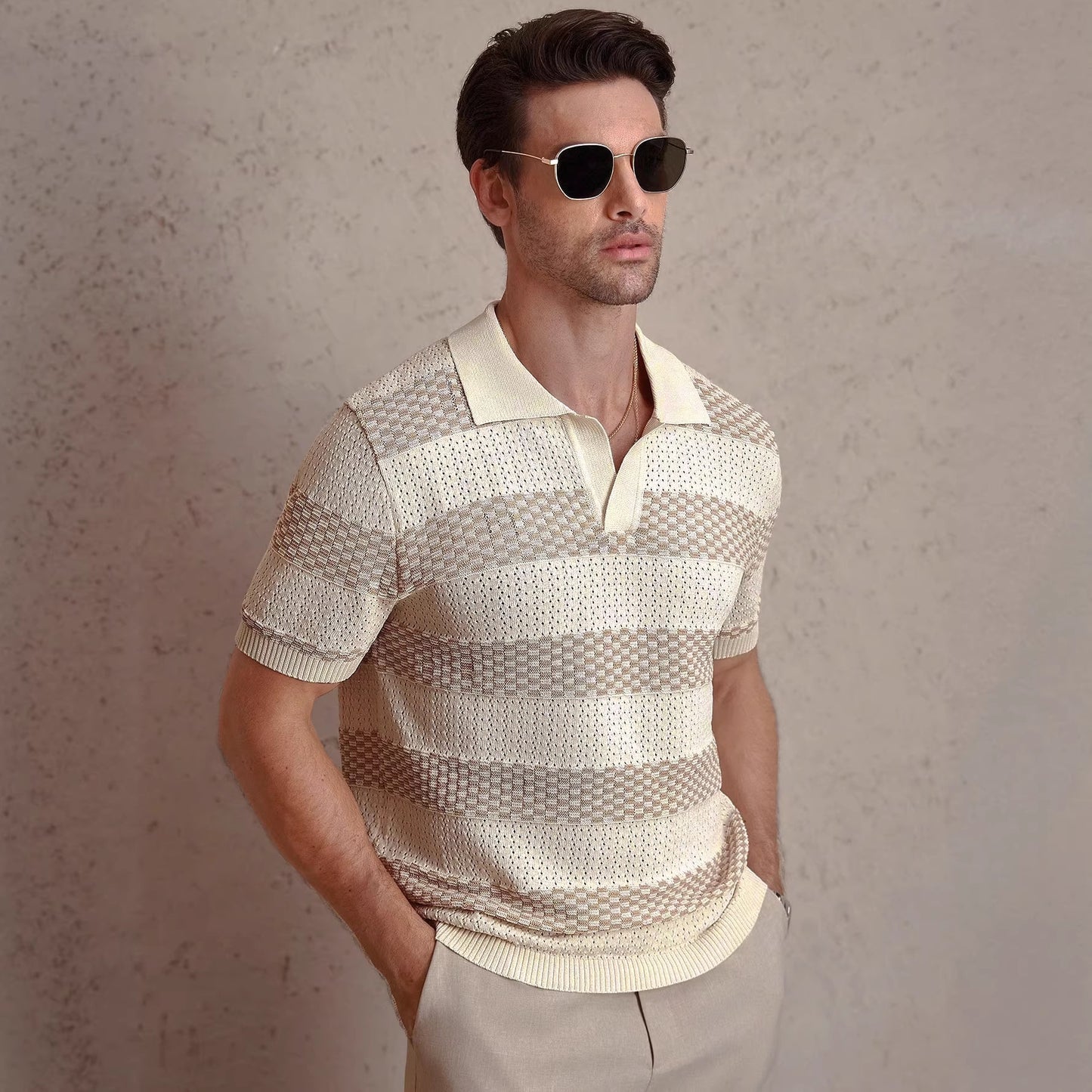 Mens Striped Knitted Short-Sleeve Polo Shirt