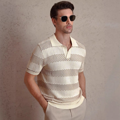 Mens Striped Knitted Short-Sleeve Polo Shirt