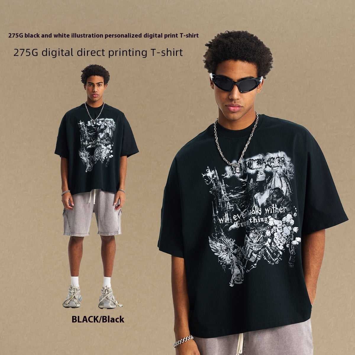 Male Black And White Illustration Personalized Printed T-shirt