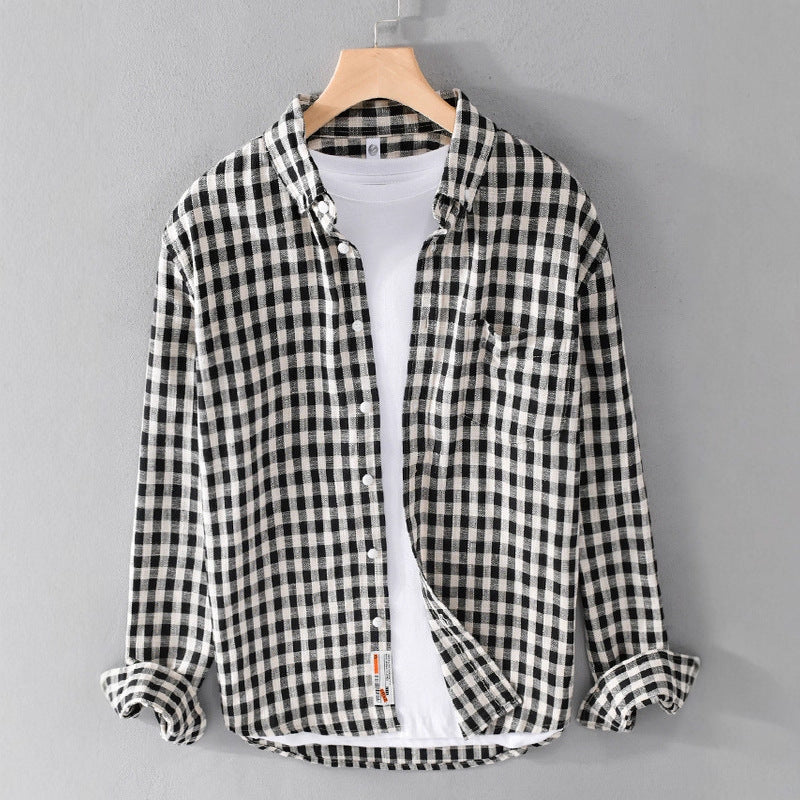 Springautumn Japanese-style Mens Plaid Shirt With Long Sleevescasual And Versatile