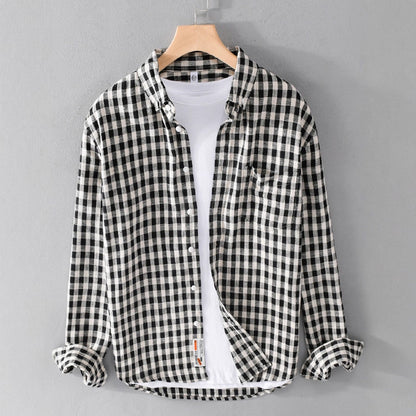 Springautumn Japanese-style Mens Plaid Shirt With Long Sleevescasual And Versatile