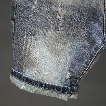 Retro Ripped Denim Mens Trendy Cropped Pants With Fuzzy Hems