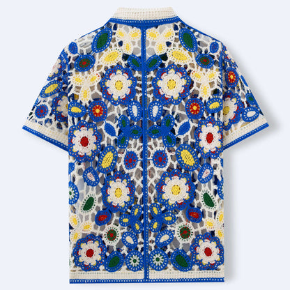 Ethnic Style Crochet Knitted Shirt Short Sleeved