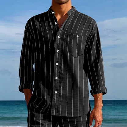 Men's Linen Fashion Shirt Striped Stand-up Collar Loose-fitting Breathable Casual