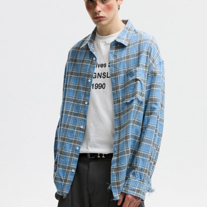 Unisex Autumn American-style Plaid Shirt With Raw Edges